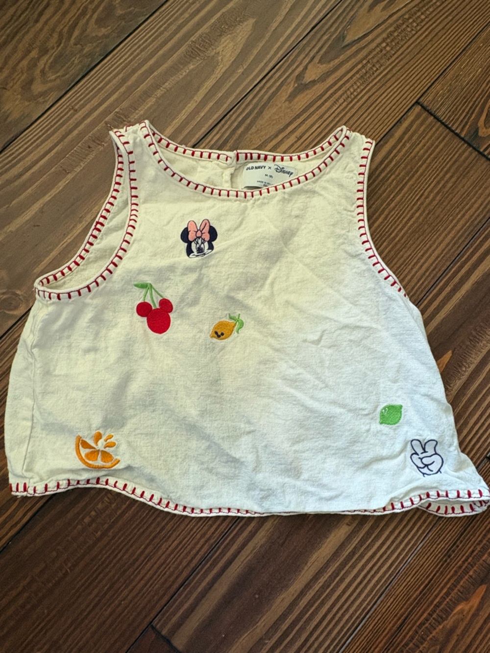Disney White Tank Top with Red Trim and Multicolor Embroidered Icons